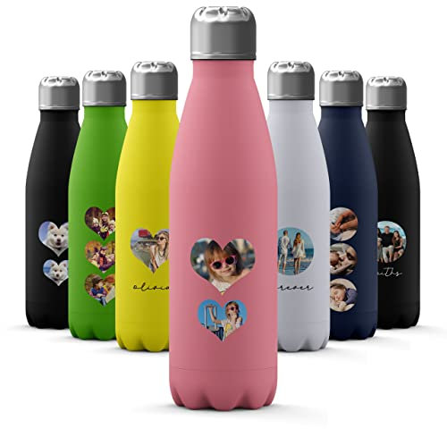Tirita Custom Photo Personalised Water Bottle - Thermal Travel Flask - Insulated Stainless Steel Bottle - Gym, Office, School Drink - 500ml [13- Two Heart Shape Photos on Pink]