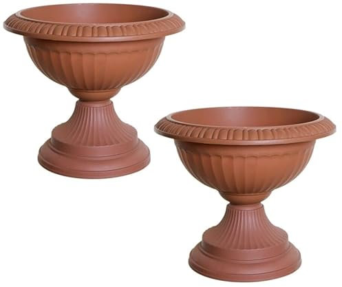 PREMZO Classical Round Grecian URN Patio Pots 42 CM Flower Planter Outdoor Or Indoor Plant Plastic Base Home Office Garden Wedding Flower Porch Front Door Planter Set Of 2 (Terracotta)
