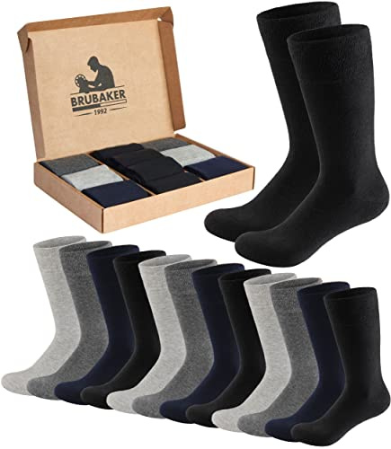 BRUBAKER 10 Paar Herrensocken Baumwolle - Business Herren Socken | Großes Socken-Set - Atmungsaktive Anzugsocken in Geschenkbox - Baumwollsocken Schwarz, Grau und Dunkelblau