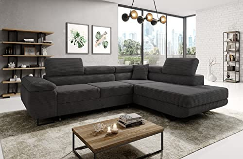 ML Furniture Ltd Avatar Kord Ecksofa in L-Form 277 x 73 x 203 cm mit Schlaffunktion und Bettzeugbehälter - Schlafsofa mit Bettkasten - Eckcouch mit Stauraum - Rechts - Farbe: Kord Graphit