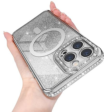 Newseego Magnetic iPhone 14 Pro Max Case Compatible for Magsafe, Glitter Sparkly Phone Case with Diamond Flexible Soft TPU Shockproof Camera Protection Bumper Cover for iPhone 14 Pro Max -Silver