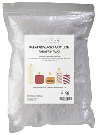 Monster24 - Paraffinwachs Pastillen 3 Kg für Kerzen, Tischfeuer etc. weißes Kerzenwachs zum Gießen und Nachfüllen eigener Kerzenkreationen, Wachs Granulat Pastillen für Gartenfackeln Schmelzpunkt 56°C