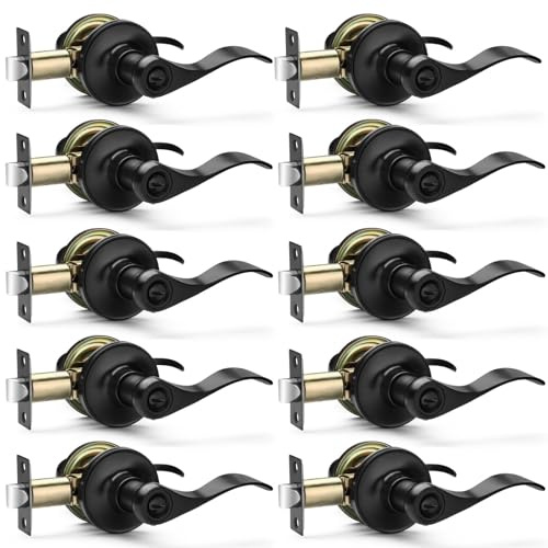 Hasmikit 10 Pack Matte Black Door Handles Privacy Door Levers, Heavy Duty Bed and Bath Door Locks Interior Door Knobs, Reversible Keyless Wave Lever Door Handles