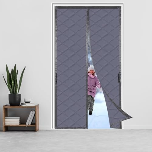 Magnetic Thermal Insulated Door Curtain，90x240cm，Durable Oxford Cloth &Thicken Cotton Fiber Fill for Garage Attic Doorways Hallway,Temporary Magnetic Screen Door,Windproof, Soundproof，Grey