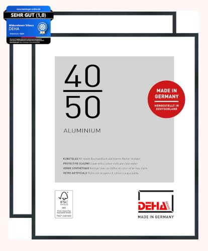 DEHA Design Aluminium Bilderrahmen Tribeca, 40 x 50 cm 2er Set, Schwarz | Aluminium Posterrahmen im Hoch- & Querformat zum Aufhängen Schwarz gebürstet bruchsicheres Kunstglas