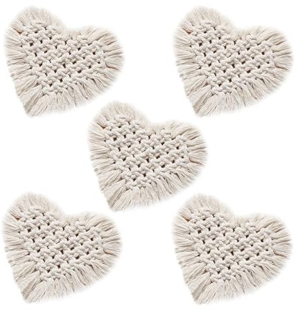 5 Stück Makramee Untersetzer Für Getränke, Handgewebtes Bohemia Baumwolluntersetzer, Boho Bauernhaus Getränkeuntersetzer Cup Matte Fur Tassen, Vasen, Kerzen Desktop Dekoration (Herzförmig)