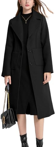 Sukany Women's Winter Casual Notch Lapel Wool Blend Coat Single Breasted Mid Long Pea Coat Jacket (Black,M)