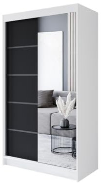 Easy4You P3 120 cm Weiß/Schwarz Schiebetüren Kleiderschrank 120x200x58 cm mit Spiegel - Schlafzimmermöbel, Aufbewahrung - Mehrzweckschrank