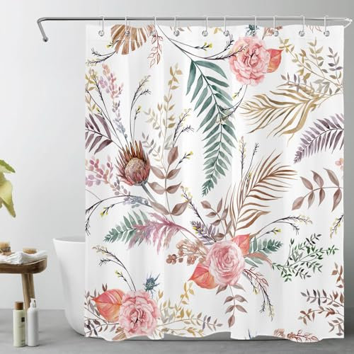 LB Rosa geblümt Duschvorhang 150x180cm(BxH) Ästhetische Blume mit Blättern Antischimmel Wasserdicht Badezimmer Vorhänge, Cottagecore-Pflanzen Kurz Polyester Stoff Bad Vorhang mit Haken