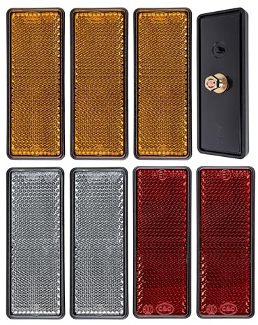 Rechteckige Reflektoren zum Anschrauben, 8 Pack, Orange, Weiss und Rot, 88 x 35 x 9 mm Abmessung, mit E-Prüfzeichen, inkl. Gewinde + Muttern, eckige Reflektoren für Anhänger, Wohnwagen, Katzenauge