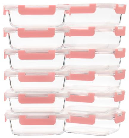 GULFLIN Lot de 12 récipients alimentaires en verre de 650 ml avec couvercles, hermétiques, anti-fuites, passent au congélateur et au micro-ondes, rose