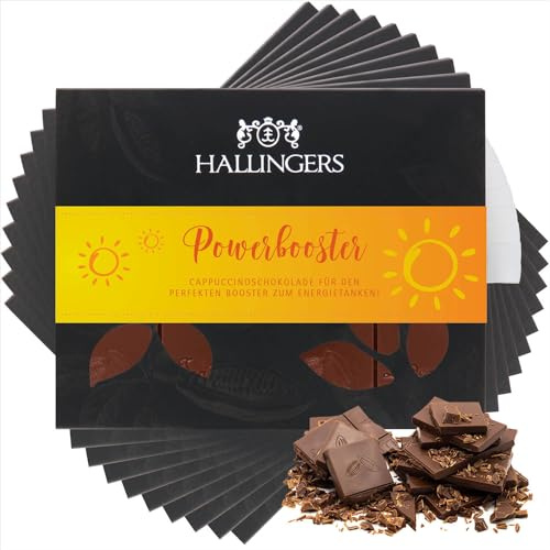 Hallingers Genuss Manufaktur Schokolade Geschenk - Tafel Edelkakao handgeschöpft ohne Alkohol edler Karton 10x Power Booster Cappuccino, Geschenkidee für Frauen Männer