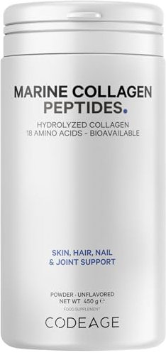 Codeage Marine Kollagen Pulver - Hydrolysiertes Fischkollagen-Peptid - Typ 1 & 3 Kollagenprotein-Nahrungsergänzung – 50 Portionen, Aminosäuren für Haut, Haare, Nägel - Nicht-GVO, 450 Gramm