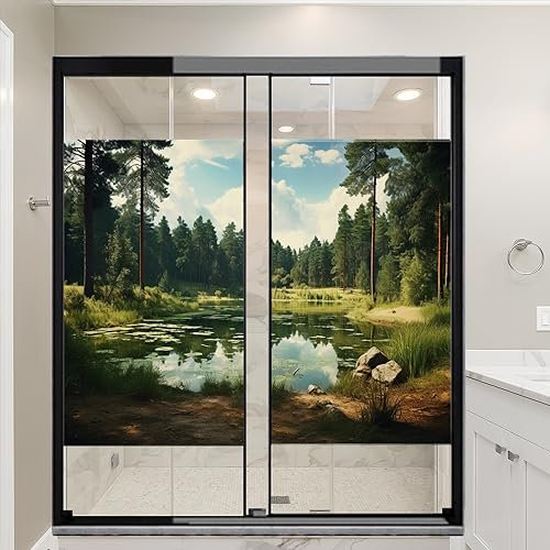 Tranquil Waldlandschaft Buntglas Fensterfolie Grüne Pflanzen Rustikale Vintage Landschaft Sichtschutz Fensterfolie Nicht klebende Glasfolie Dekorative Statische Frischhaltefolie für Home Office 90 x