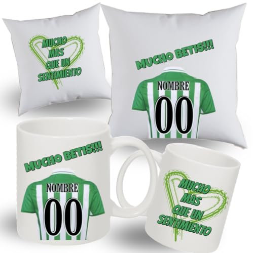 TAZA personalizada de equipos + COJIN personalizado CON RELLENO - Regalos originales - Regalos futbol - Camiseta equipos de futbol - Personaliza con tu nombre y tu numero la camiseta - (Betis)