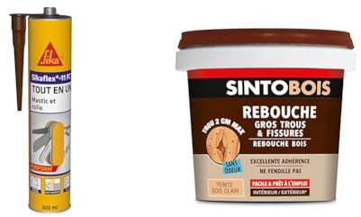SIKA 11 FC Purform Marron, Mastic, joint et collage multi-usages, mastic-colle multi-supports & Sinto Rebouche Bois pour Gros Trous et Fissures Bois Clair - 500 g - Facile et Prêt à l’Emploi