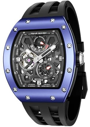 Luxus Herrenuhren Tonneau Skelett Uhren Wasserdicht 50M Mechanisch Analog Uhren Skelett Analog Replik Uhr mit Fluoroelastomer Uhrenarmbänder Business Arbeit Uhr Einzigartige Geschenke für Männer
