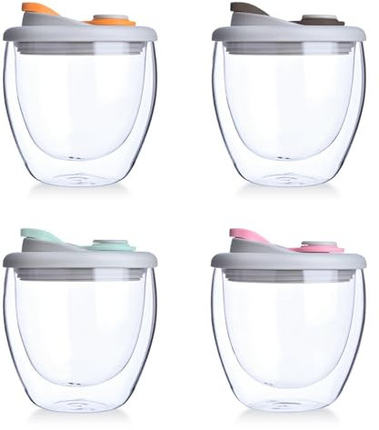 OMJMYY 4 x Double Walled Glass Mugs 250ml,Glass Coffee Mugs, Glass Coffee Cups Cappuccino Latte Tea Cups with Lids,Borosilicate Heat Resistant Glass Cups for Coffee Milk Juice(4 Colors)