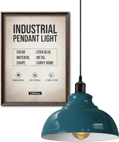 LEDSone Industrieller Vintage-Retro-Stil Deckenpendelleuchter mit geschwungenen, kuppelförmigen Lampenschirmen in Cyanblau, E27-Fassung in Großbritannien