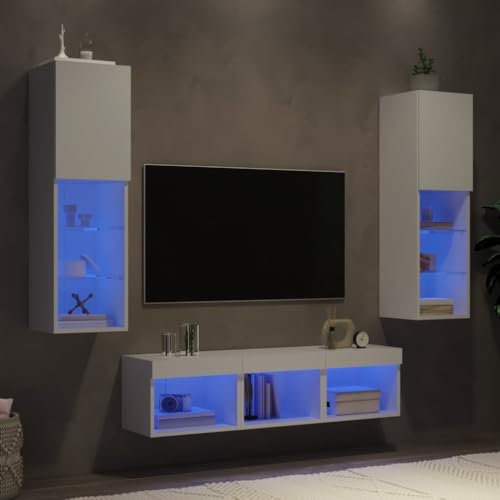 Centros de entretenimiento y soportes de TV, 5 unidades de pared para TV con LED de madera blanca