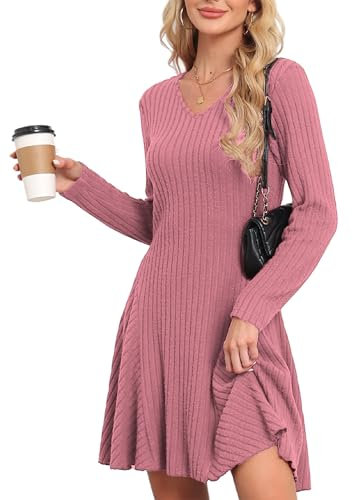 SENBATU Robe tricotée Femmes Automne élégant Pullover Robe Manches Longues col en V vêtements d'hiver Rose Clair XX-Large