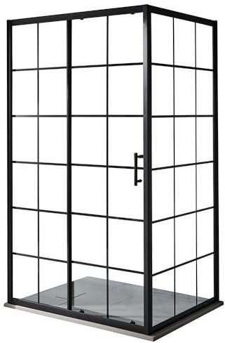 MILANO Black Grid Corner Sliding Door Shower Enclosure Grey Tray 1200x900mm | Toughened Glass Panels. Aluminium Profile. Contemporary Style. Framed Design. Corner Installation. Light Grey Tray & Waste.