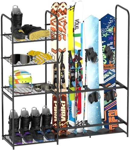 Porte-skis autoportant pour garage – Permet de ranger 4 paires de skis, support de chaussures de ski réglable, organise les skis, bottes, bâtons, lunettes, casques et équipements, idéal pour garage,