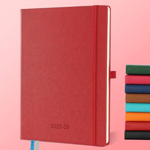 IN-LUXPRO Kalender 2025 2026 Wochenplaner,18-Monate Buchkalender (Jul.2025-Dez.2026) Monatskalender mit Ausgaben & Notizseiten A4(29 x 21.7 cm),mit Vegan-Leder & Notizseiten,Rot.
