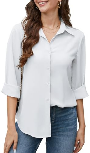 Stamain White Blouses for Women Chiffon V-Neck Shirt Long Sleeve Ladies Casual Button Down Business Blouse M