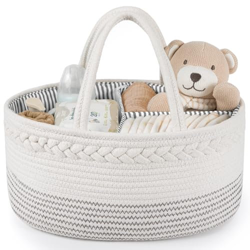 Maliton Wickeltisch Organizer,Baby Organizer Korb,Aufbewahrungskorb für den Wickeltisch,Windel Caddy mit Fächern & Griffen,Geschenke für Neugeborene, Weiße Wellen