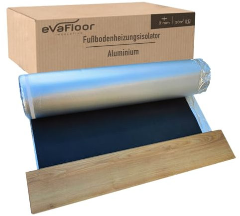 EVAFLOOR Pack 2 Sous Couche Parquet Aluminium 1x20 mètres | Sous-Couche Isolant pour Sol Stratifié Chauffant | Fabriqué avec Base EVA 2mm + Film Aluminium | Inclut Adhésif