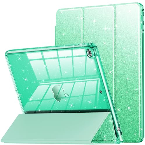 INFILAND Case for iPad 6th/5th Generation 9.7 Inch 2018/2017, iPad Air 2 Cute Glitter Clear Protective Cover for Kids, Girls, Woman, with Pencil Holder (Seafoam Green)
