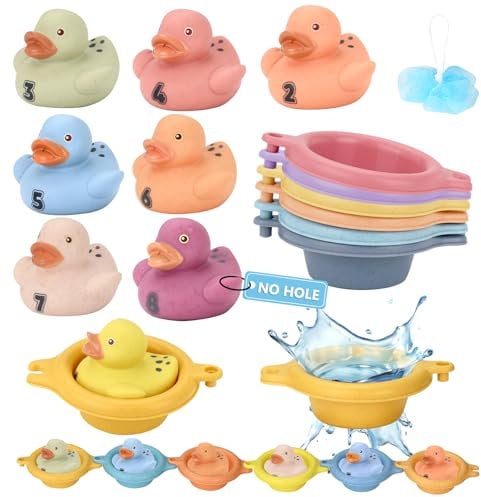 Wasserspielzeug für Kinder – 16 Schimmelfreie Poolspielzeuge mit Zahlen, 8 Digitale Enten und 8 Stapelbare Badewannenschiffe, Badespielzeug für Babys ab 1 Jahr, Ideal für Badewanne und Schwimmbad