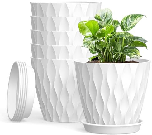 10cm Plant Pots, 6 Pack Plastic Flower Pots with Drainage Holes and Saucers, Indoor Outdoor Planters for Succulent and All House Plants(White)