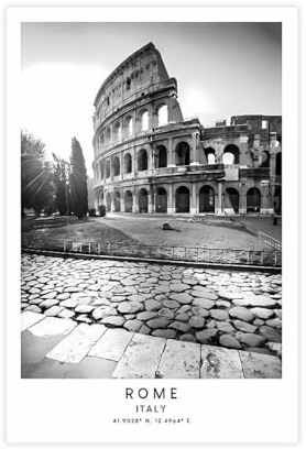 Rom, Italien, Reisedruck, Schwarz-Weiß, Kolosseumdruck, Wahrzeichen, Koordinaten, einfaches Rom, Wandkunst, Poster, Wandkunst, Dekordruck, Bild, Gemälde für Wohnzimmer, Schlafzimmer, Dekoration
