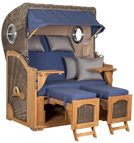 MR. DEKO® Strandkorb Düne Teak 2-Sitzer Bullauge | PE Geflecht Grey | Volllieger Strandstuhl verstellbar | inkl. 4 Kissen Wechselpolster | Strandkörbe fertig montiert aus Teakholz | (Dessin 595)