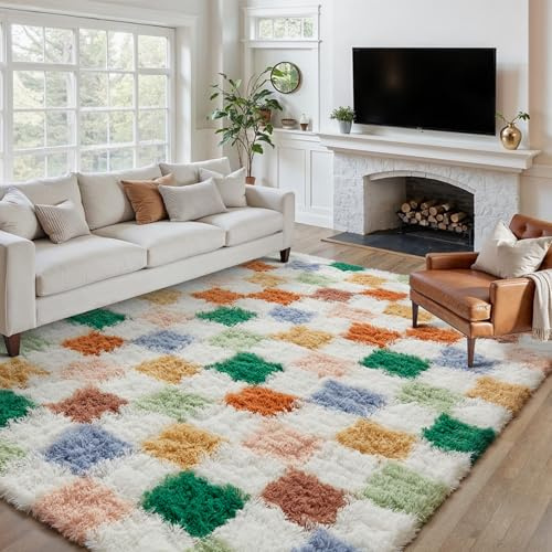 HUGEAR Kariert Flauschig Teppich Wohnzimmer 200x300cm Multicolore Weiß Shaggy Carpet