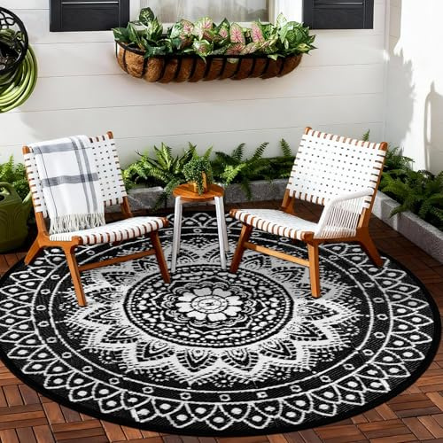 VSIWB Outdoor Teppich Rund Wetterfest Wendbarer Außenteppich Kunststoff Bodenmatte Terrassenteppich Picknickdecke UV-beständige Teppich für RV Camping BBQ Patio Deck Balkon Strand, 180cm Schwarz/Weiß