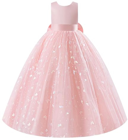 IWEMEK Robe de Cérémonie Fille sans Manches Col Rond Imprimé Papillons Tulle - Jupe de Demoiselle d'honneur pour Mariage, Anniversaire, Soirée