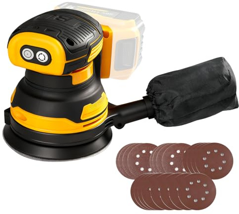 Ponceuse orbitale aléatoire sans fil 11 000 tr/min, compatible avec les batteries DEWALT 20 V. Fournie avec sac à poussière, capot de protection et papier abrasif pour le ponçage et le polissage