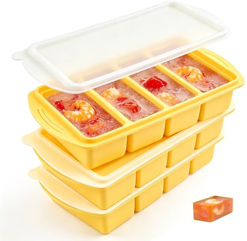 XPJBKC 3 Pack Soup Freezer Containers, Extra Large Silicone Ice Cube Tray with Lid, Soup Containers for Freezing, Silicone Freezer Moulds, 4-Compartment Freezer Container, for Broth, Soup, Ice(Yellow)