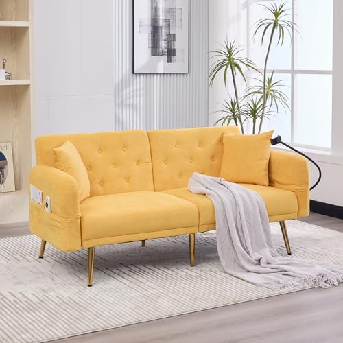 FammyLoft Sofa 2 Sitzer, Schlafsofa mit Verstellbarer Rückenlehne, Multifunktionales Sofa Bed mit Zwei USB-Anschlüsse, Modernes Klappsofa, Handyhalter, mit Seitentasche, Metallbeinen, Gelb