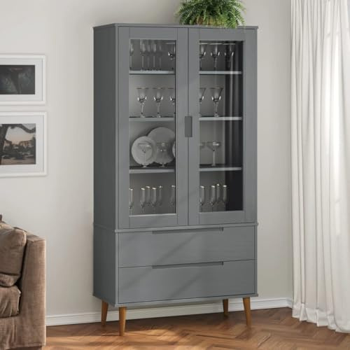DYRJDJWIDHW Vitrinenschrank MOLDE Grau 90x35x175 cm Massivholz Kiefer Bücherregal Schrank mit Glastüren und Schubladen für Wohnzimmer Büro Stauraum