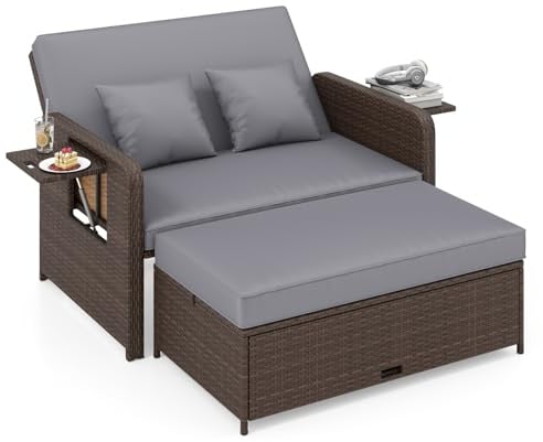 GIANTEX Lounge Möbel Outdoor, Rattan Gartenlounge Set mit Hocker, Gartensofa mit Liegefunktion, Balkon Lounge Set, Doppelliege Outdoor Sofa, Sonneninsel Loungebett (Gemischtes Braun + Grau)