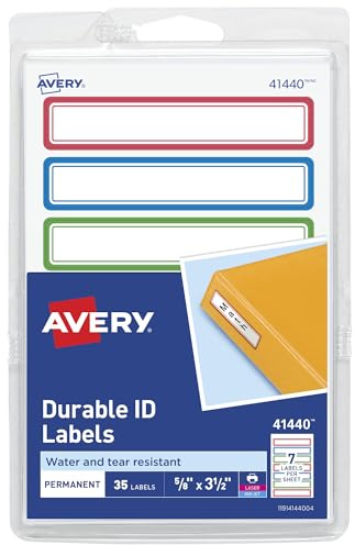 Avery Durable Labels for Kids' Gear, 5/8 x 3-1/2, Assorted Border Colors, Water-Resistant Labels, 35 Total (41440)