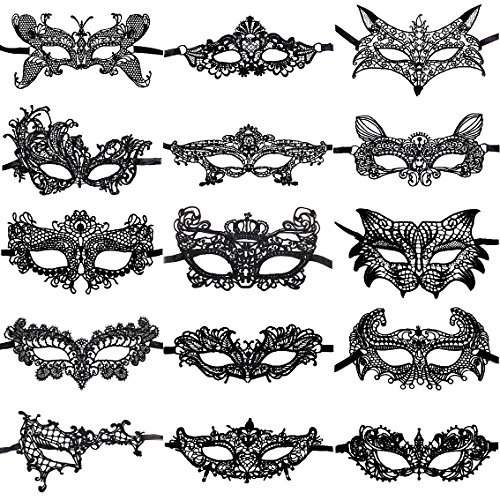 CNYMANY 15 Packs Damen Sexy Flexible Lace Masks Augenmaske für Ball Party Venezianische Maskerade Kostüm - Schwarz