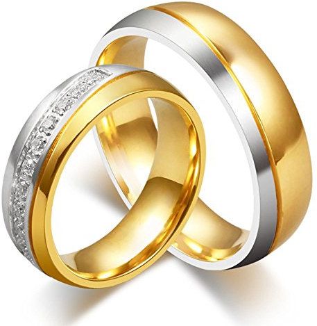 KnSam - Edelstahl Trauringe Gold Paarpreis für Sie und Ihn, 6mm von Breite Partnerringe mit Zirkonia, Gold Damengr. 60 (19.1) & Herrengr. 68 (21.6)