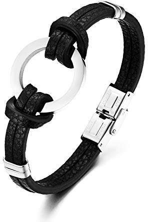 Flongo Herrenarmband Männer Armband Lederarmband, Edelstahl Leder Armband Armreif Geflochten Ring rund Kreis Link Schwarz für Männer Herren-Accessoires Surfer