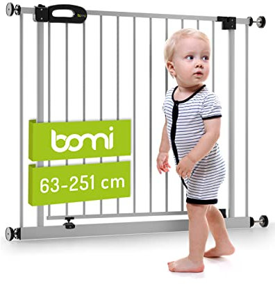 BOMI TÜV GS Siegel Kindertreppen Gitter XXL Merle | Ohne Bohren | Schließt automatisch | Schutzgitter zum Klemmen | Kindertreppengitter in Weiß | für Kinder und Haustiere | Breite: 203-211 cm