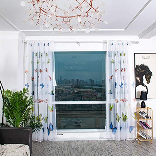 BOYOUTH Colorful Butterfly Pattern Print White Sheer Voile Curtains,Rod Pockets Curtains and Drapes for Bedroom,Study,Living Room,Blue,39 x 106 Inches,2 Panels
